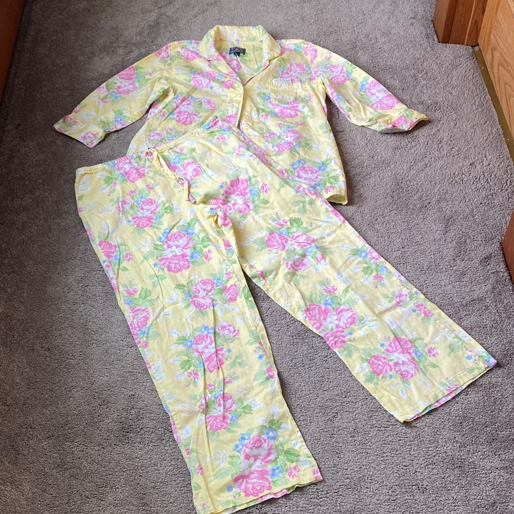 American Living Yellow Floral Cotton Pajama Lounge Set Button Front SIZE L
